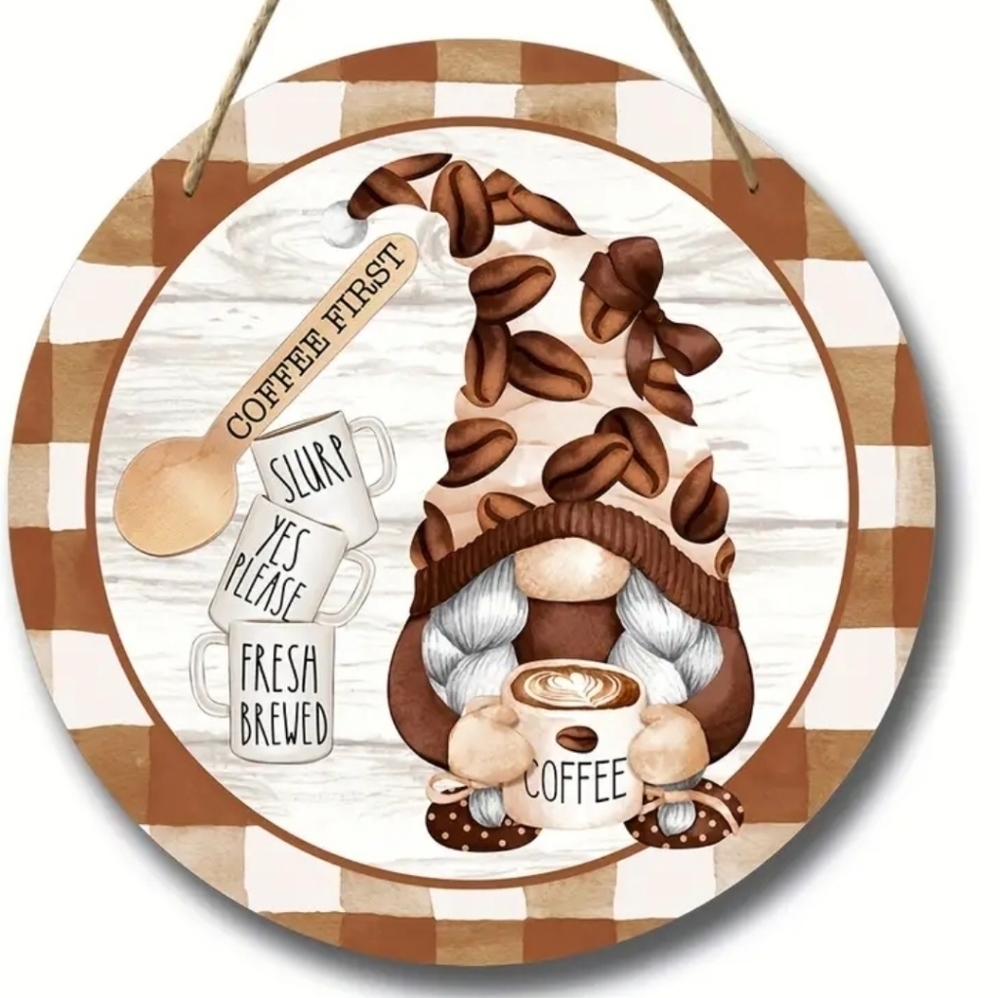 Wooden Round Gnome Coffee Sign